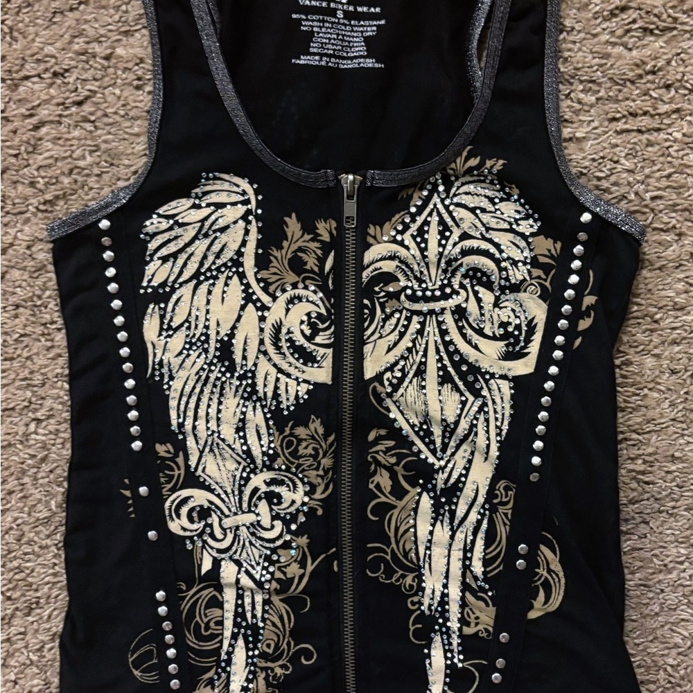 Vintage Y2k Vance Biker Wear Tank Top Womans S Full Zip Double Sided Rhinestone - Picture 6 of 13